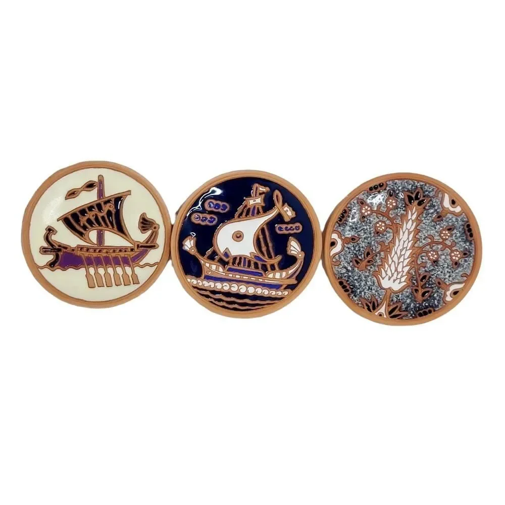 Vintage Set of‎ 3 Handmade Plates By Bonis Pottery In Rhodes Greece Viking Boats